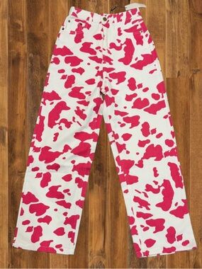 Pink Cow Print Pants Y2K Aesthetic Wide Leg Jeans NWT XS
